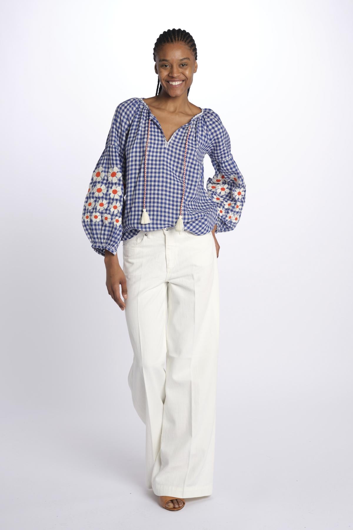 MANDAVILLA  camicia A QUADRI con fiori ricamati sulla manica by milaura. BE24913 BLUE WHITE benaras soleil 