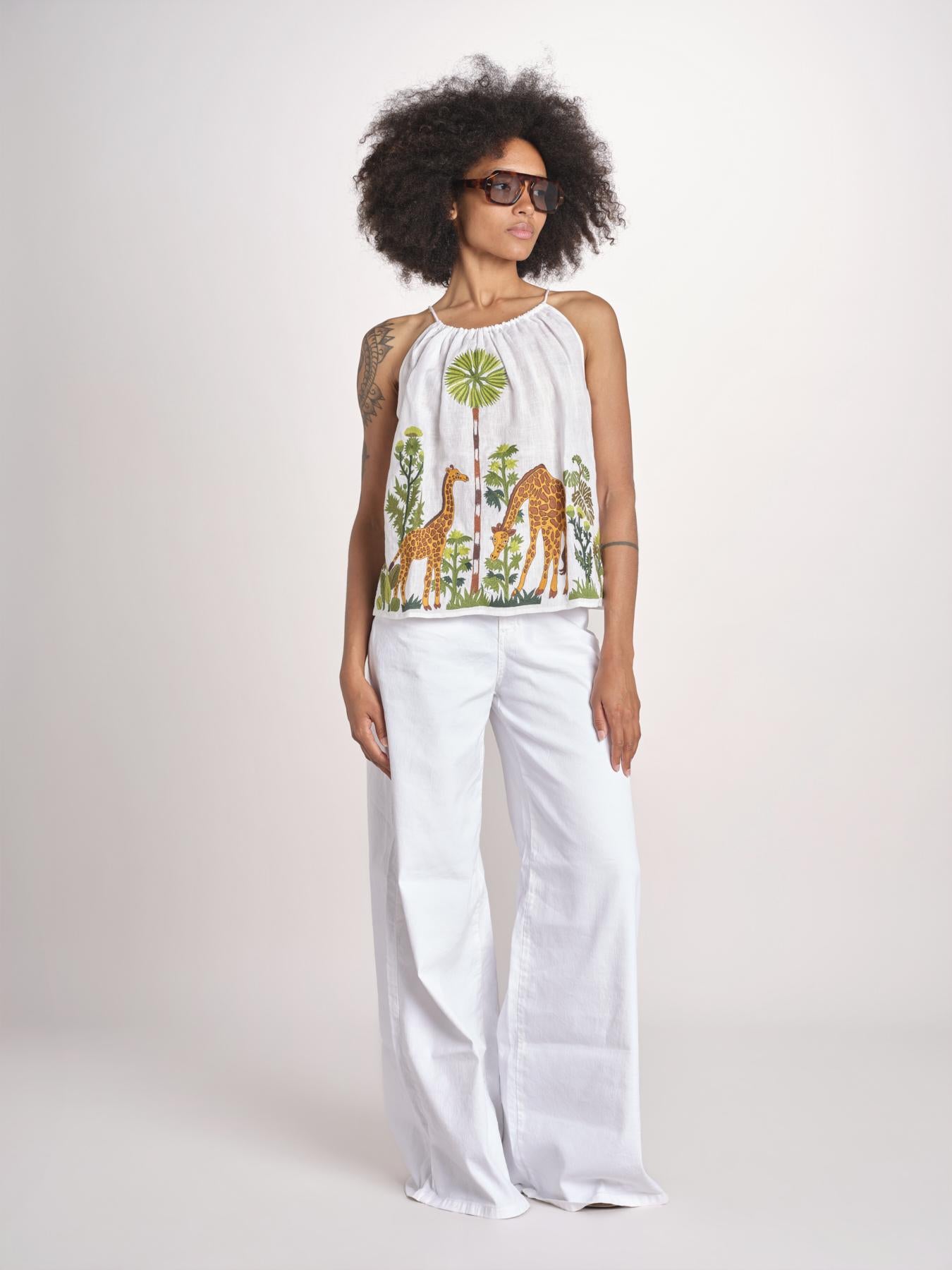 top con spalline ricamo giraffe BE25396 WHITE MULTI benaras soleil 