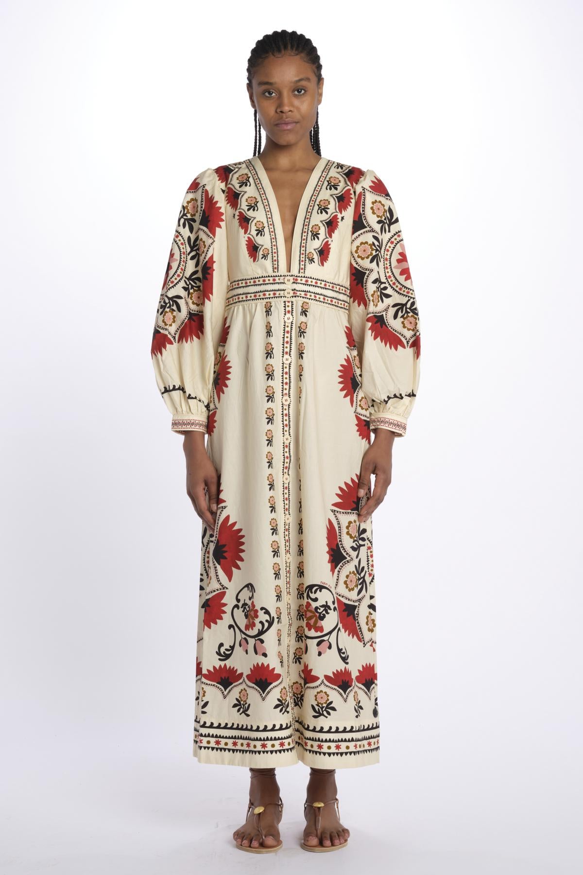 Abito lungo CASHEW MANDALA  stampa fiori 328978 CREAM farm rio 