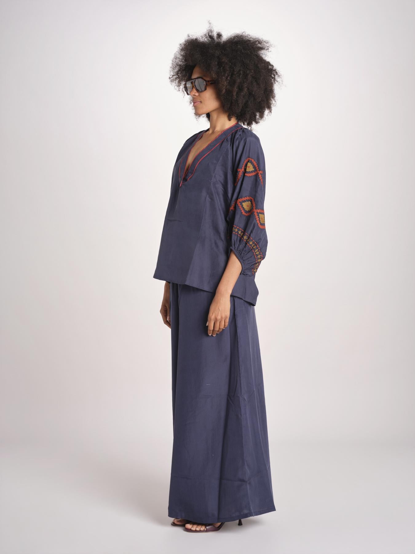 camicia in seta BE25261 NAVY RUST benaras soleil 