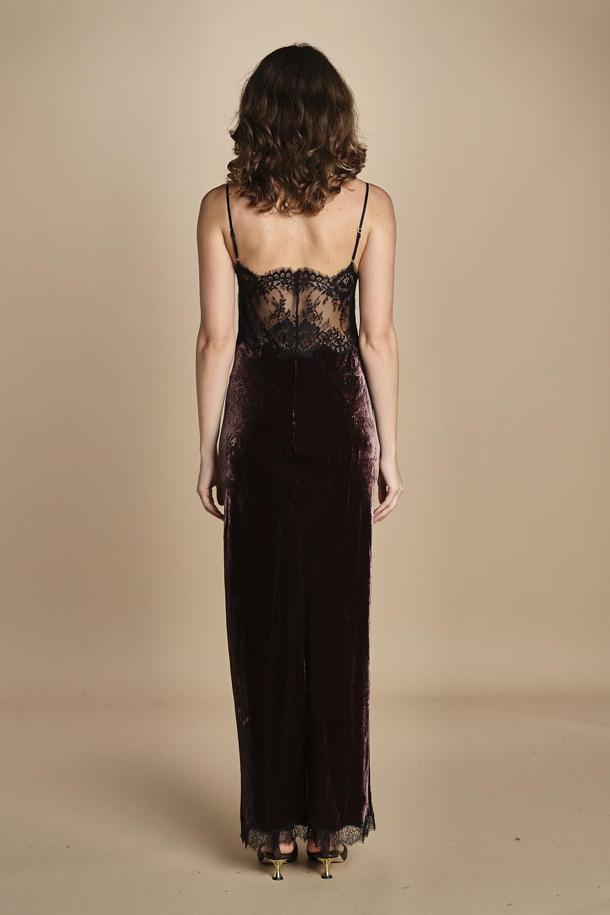 abito lungo in velluto e pizzo MICKE SILK BLEND DRESS BROWN herskind 