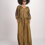 camicia in seta ricamo fiori BE25407 KHAKI BLU benaras soleil 