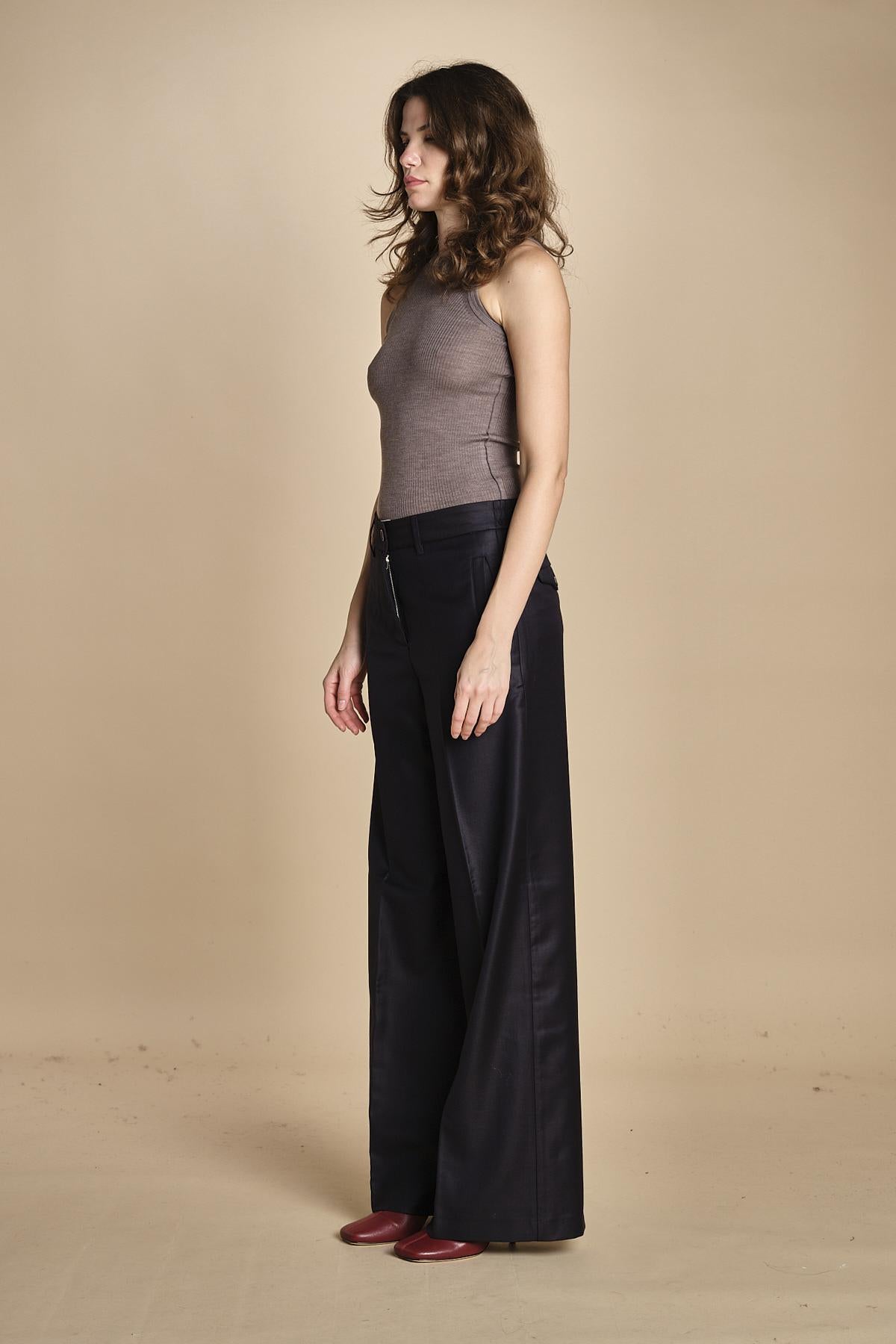 pantalone a vita bassa con elastico in lana e seta. ASTRID STR02 NAVY nine in the morning 
