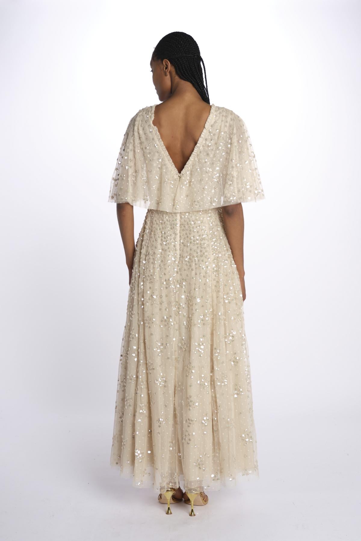 LEILA DOT VNECK abito m/c con paillettes LEILA DOT V-NECK CAPE ANKLE GOWN PARCHMENT needle & tread 