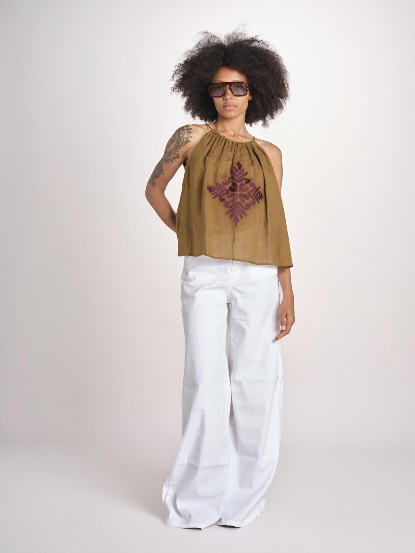 top ricamo greche BE25204 KHAKI WINE benaras soleil 
