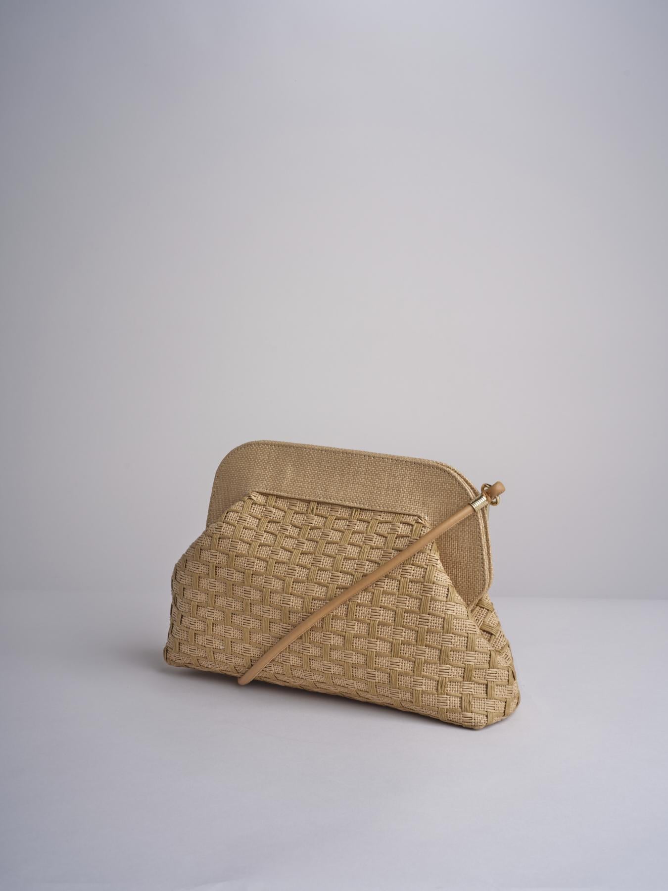 DALIA clutch in paglia e pelle a quadri DALIA RATTAN 101 NATURALE.CASTAGNA via mail bag 