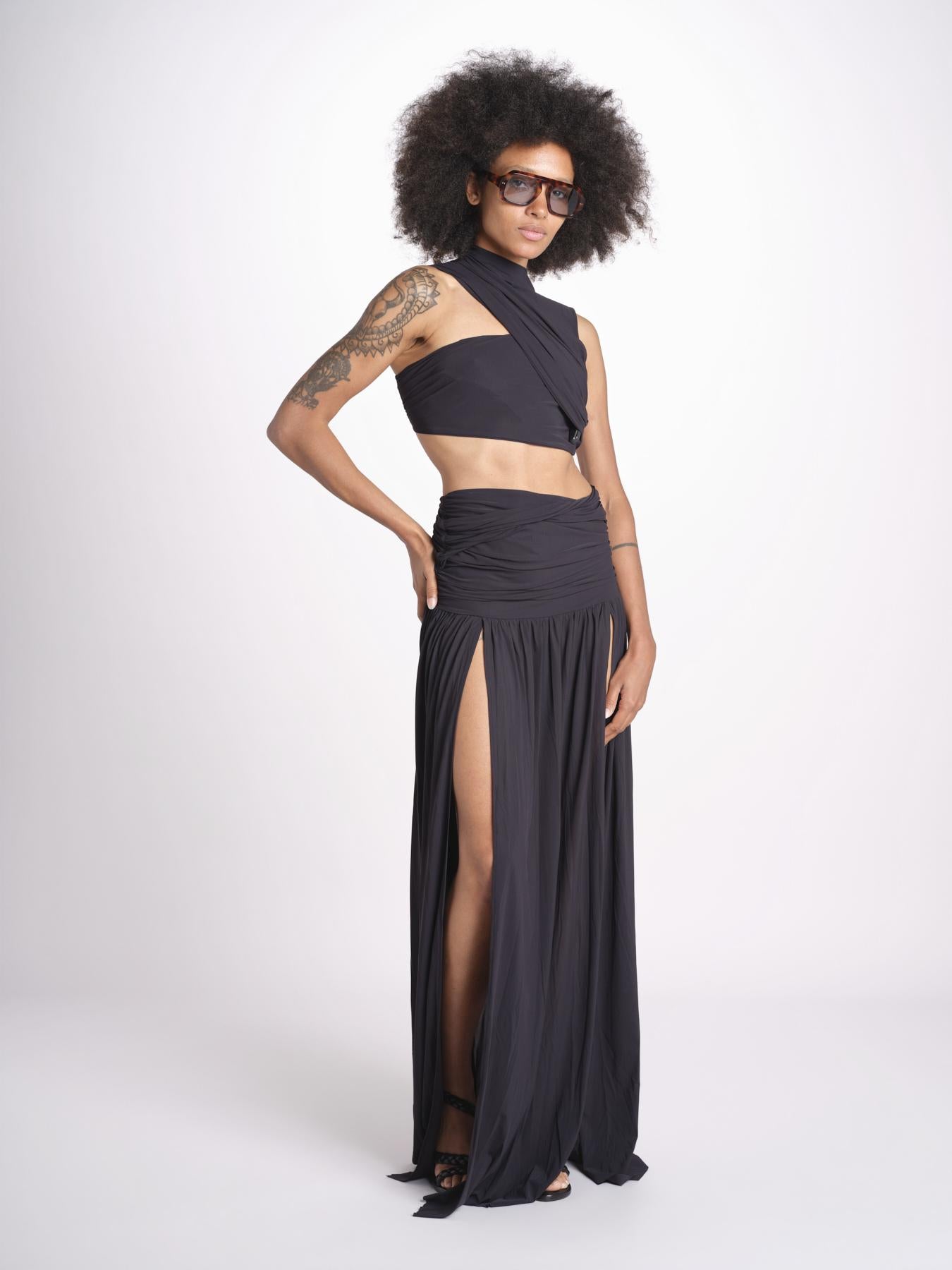 cropped top in jersey con drappeggio asimmetrico ALIN DEEP BLACK amazuìn 