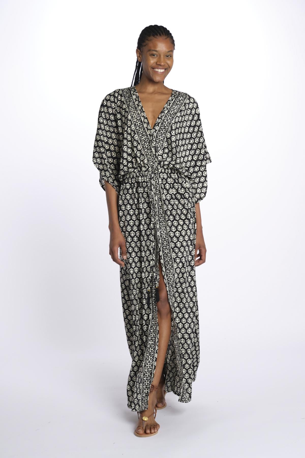 ANTOINETTE abito impero con stampa foglie ANTOINETTE INDIAN BLACK laraethnics 