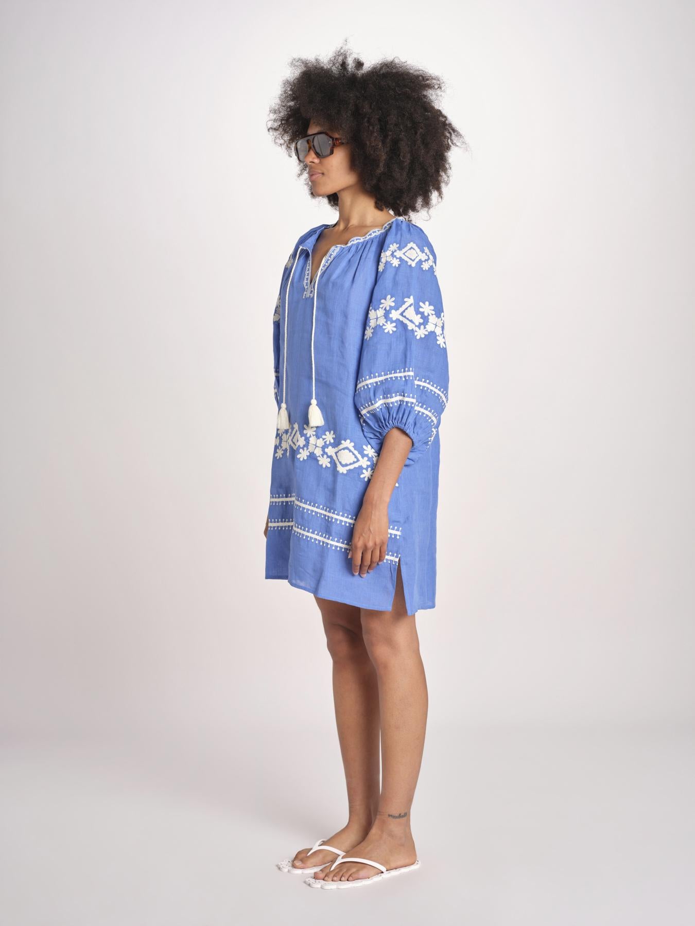 mini abito con ricamo greche BE22222 BLU CORA benaras soleil 