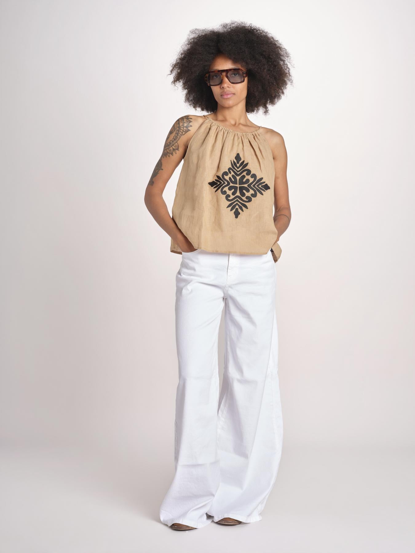 top ricamo greche BE25204 BEIGE BLACK benaras soleil 