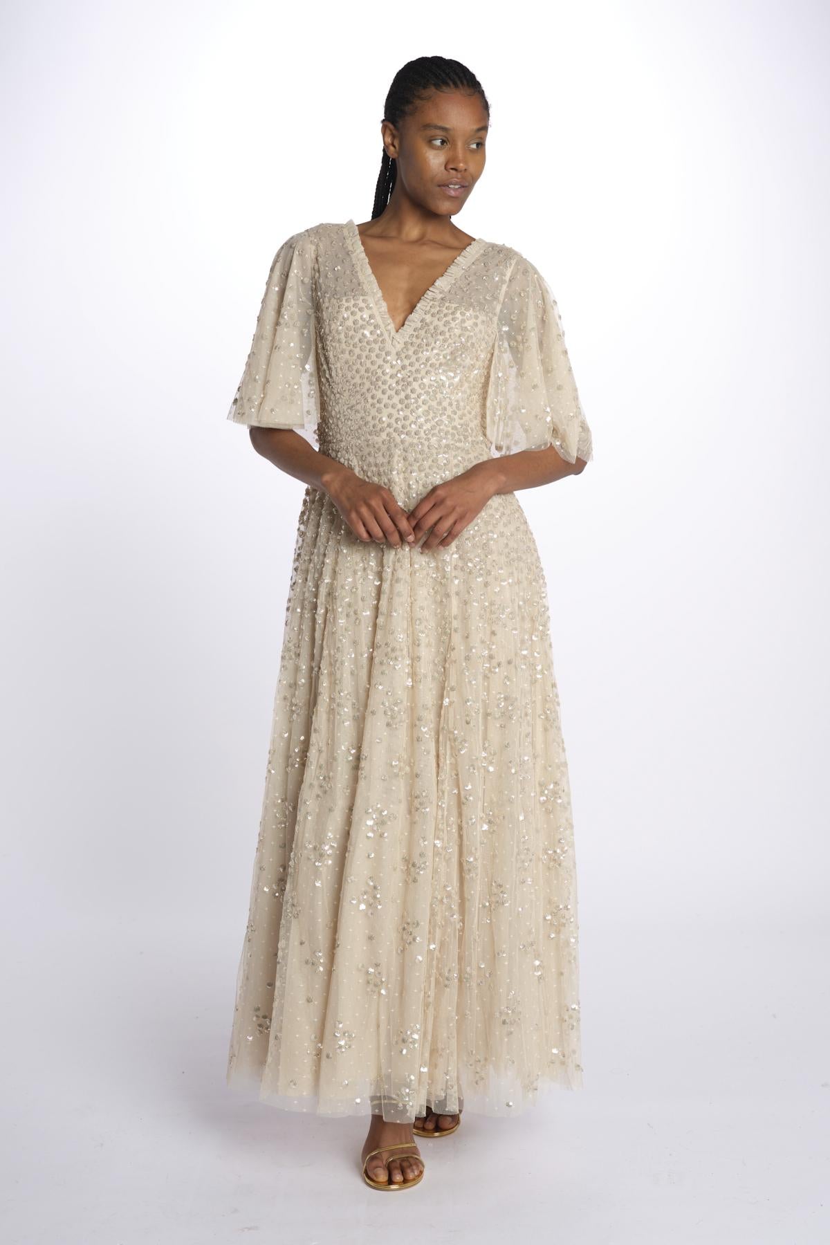 LEILA DOT VNECK abito m/c con paillettes LEILA DOT V-NECK CAPE ANKLE GOWN PARCHMENT needle & tread 