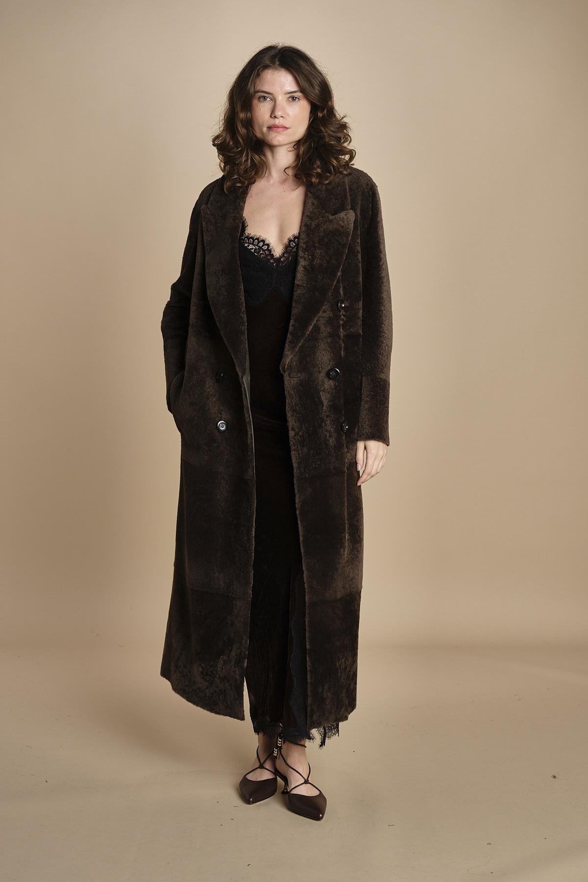 abito lungo in velluto e pizzo MICKE SILK BLEND DRESS BROWN herskind 