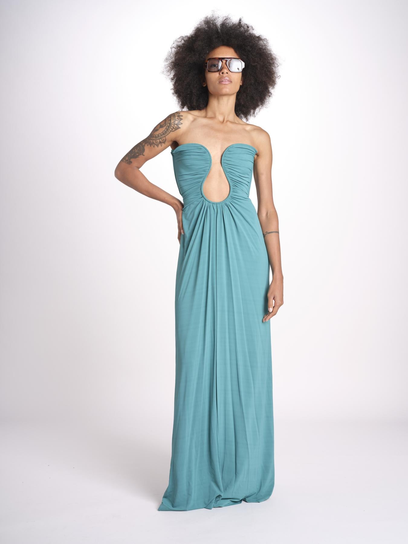 abito lungo con scollo cuore in jersey THE FLORENCE CR339 TEAL BLUE misha 