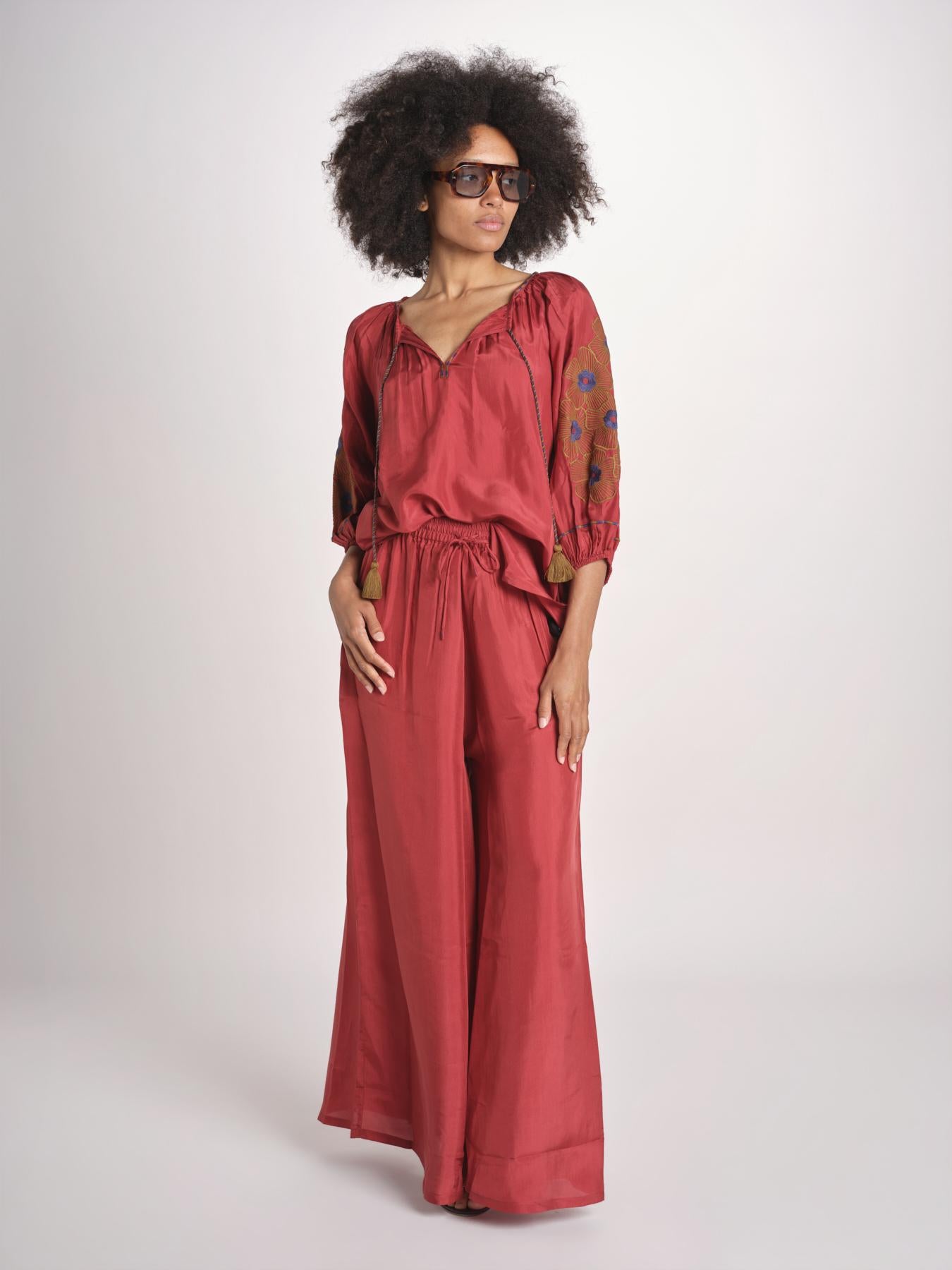 camicia in seta con ricamo fiori BE25407 RUST KHAKI benaras soleil 