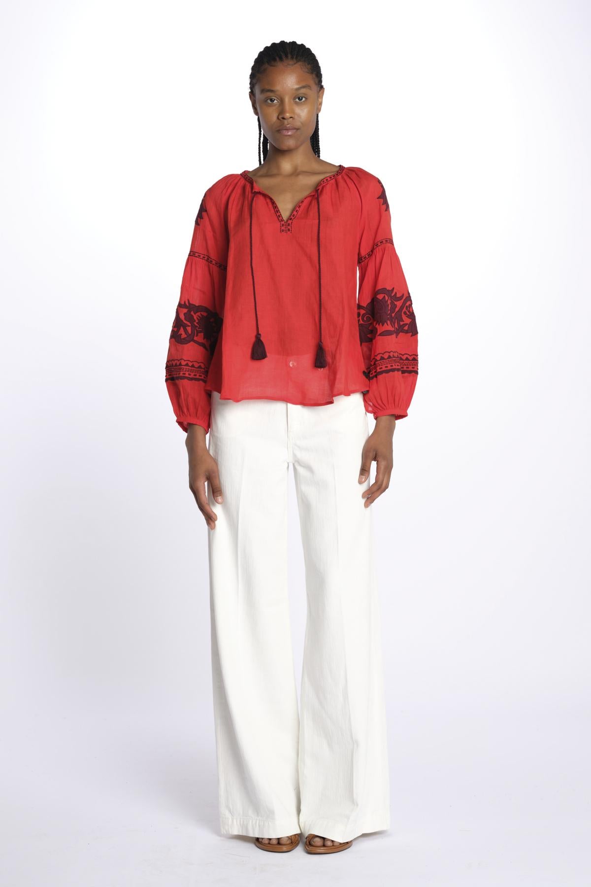 IBIZA camicia con ricami applicati BE24877A FIRE ORANGE BURGUNDY benaras soleil 