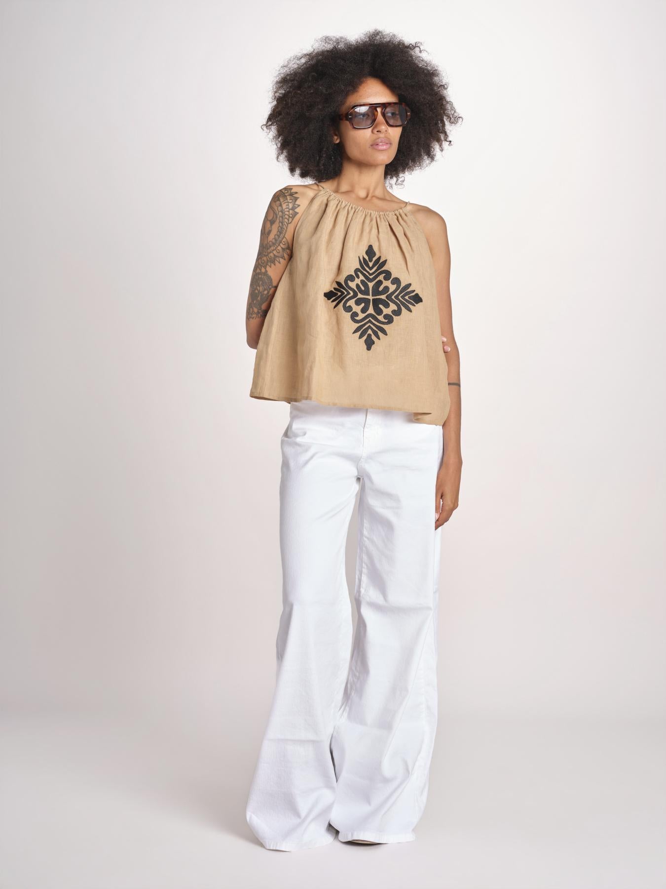 top ricamo greche BE25204 BEIGE BLACK benaras soleil 
