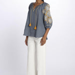 STRIPE FLOWER camicia con fiori ricamati sulla manica by milaura. BE24912 GREY BLUE YELLOW benaras soleil 