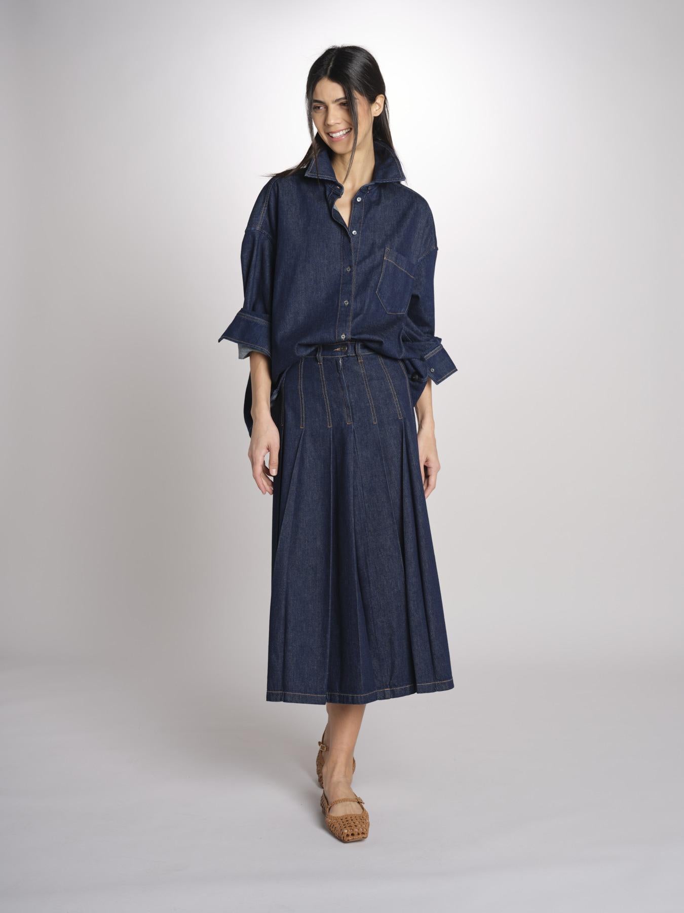 Gonna midi con pieghe semicucite in denim OVALE 2615101071600 001 BLU weekend maxmara 