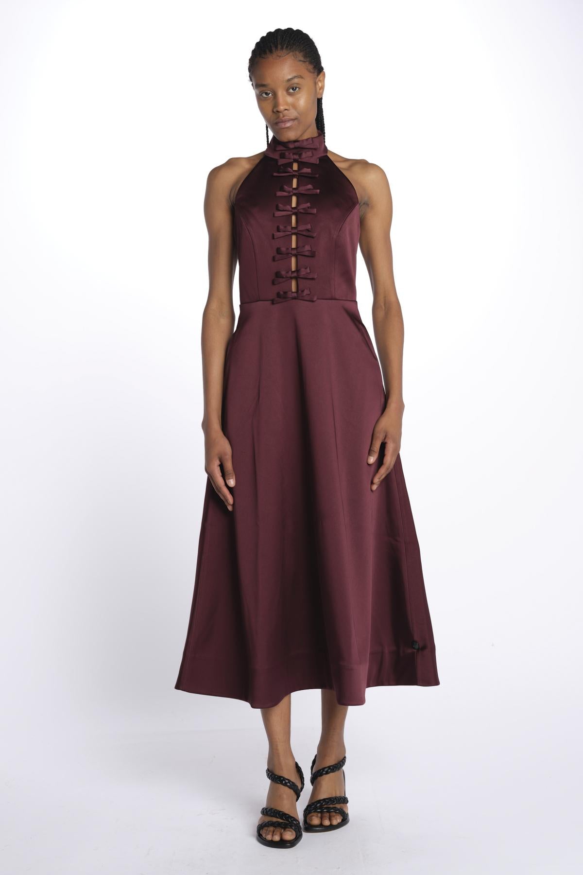 Abito MERLOT MIDI scollato + fiocchi 1970 BURGUNDY rebecca vallance 