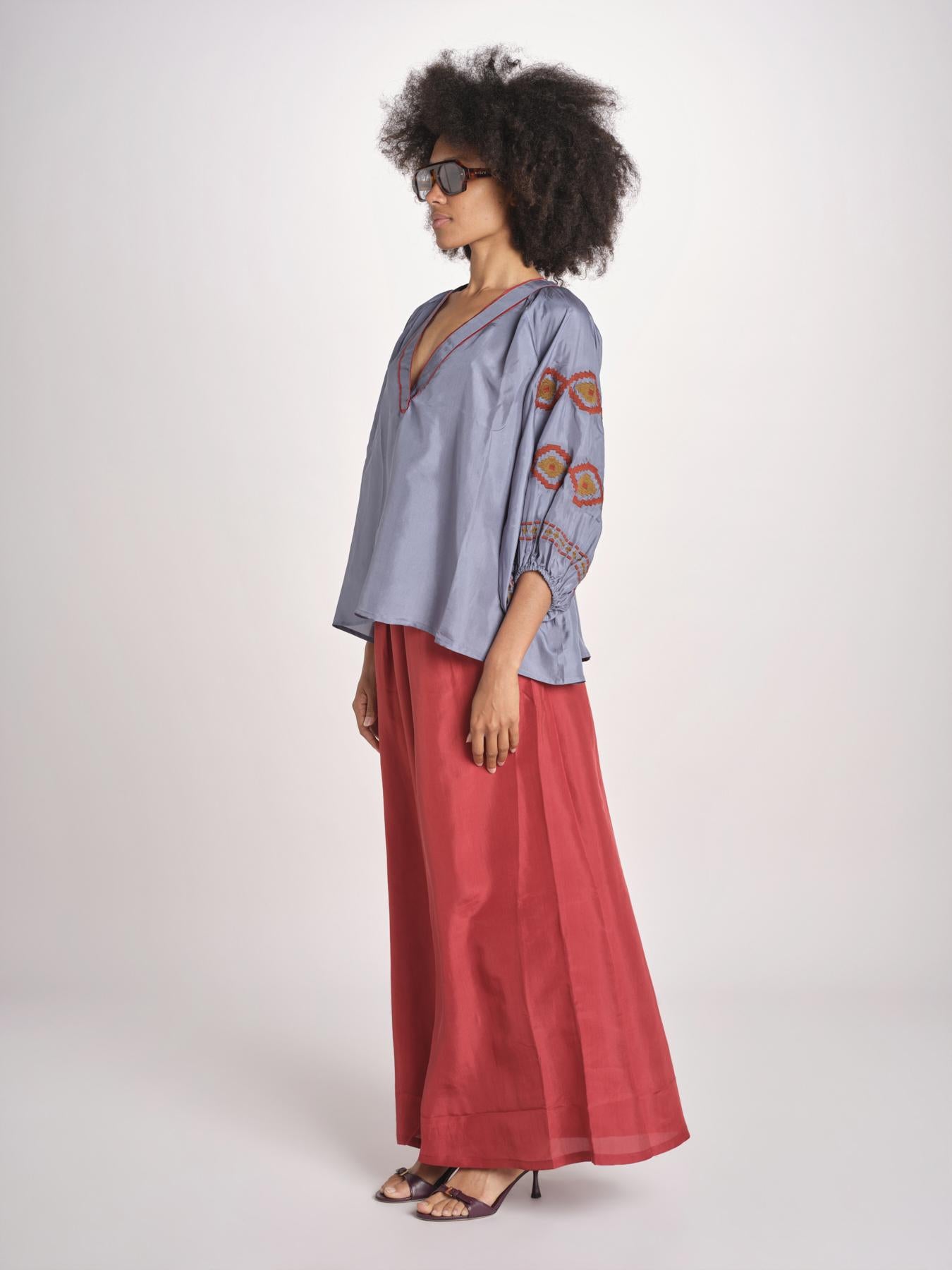 camicia in seta BE25261 GREEN BLU benaras soleil 