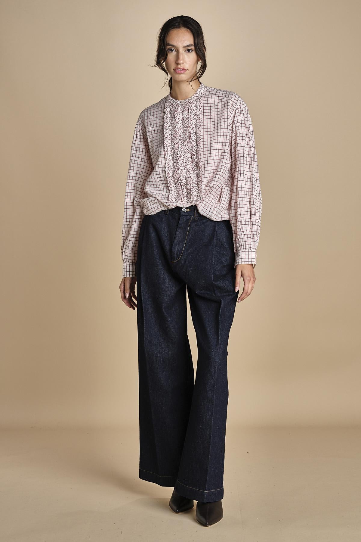 camicia voille lana con rouches MAGRITTE RED_WHITE CHECKS laurence bras 