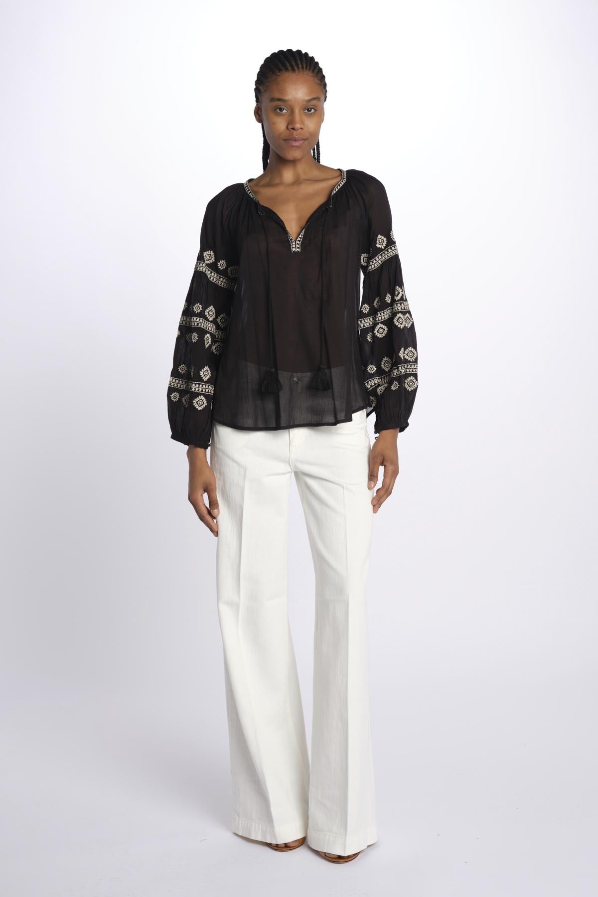 BALERIC camicia con maniche ricamate by milaura. BE22189 BLACK BEIGE benaras soleil 