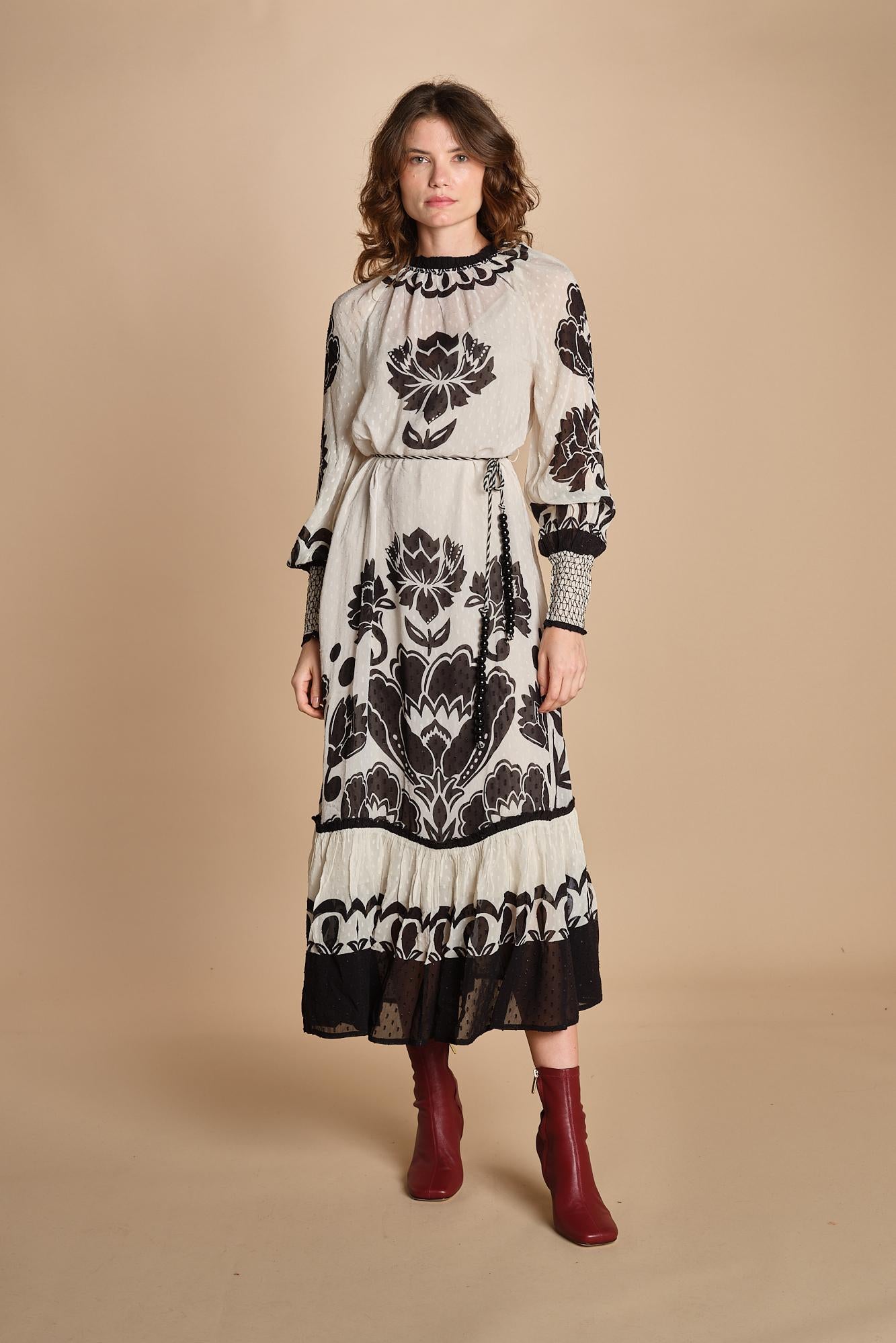 abito lungo con stampa a fiori FLORA ARABESQUE 339998 CREAM farm rio 