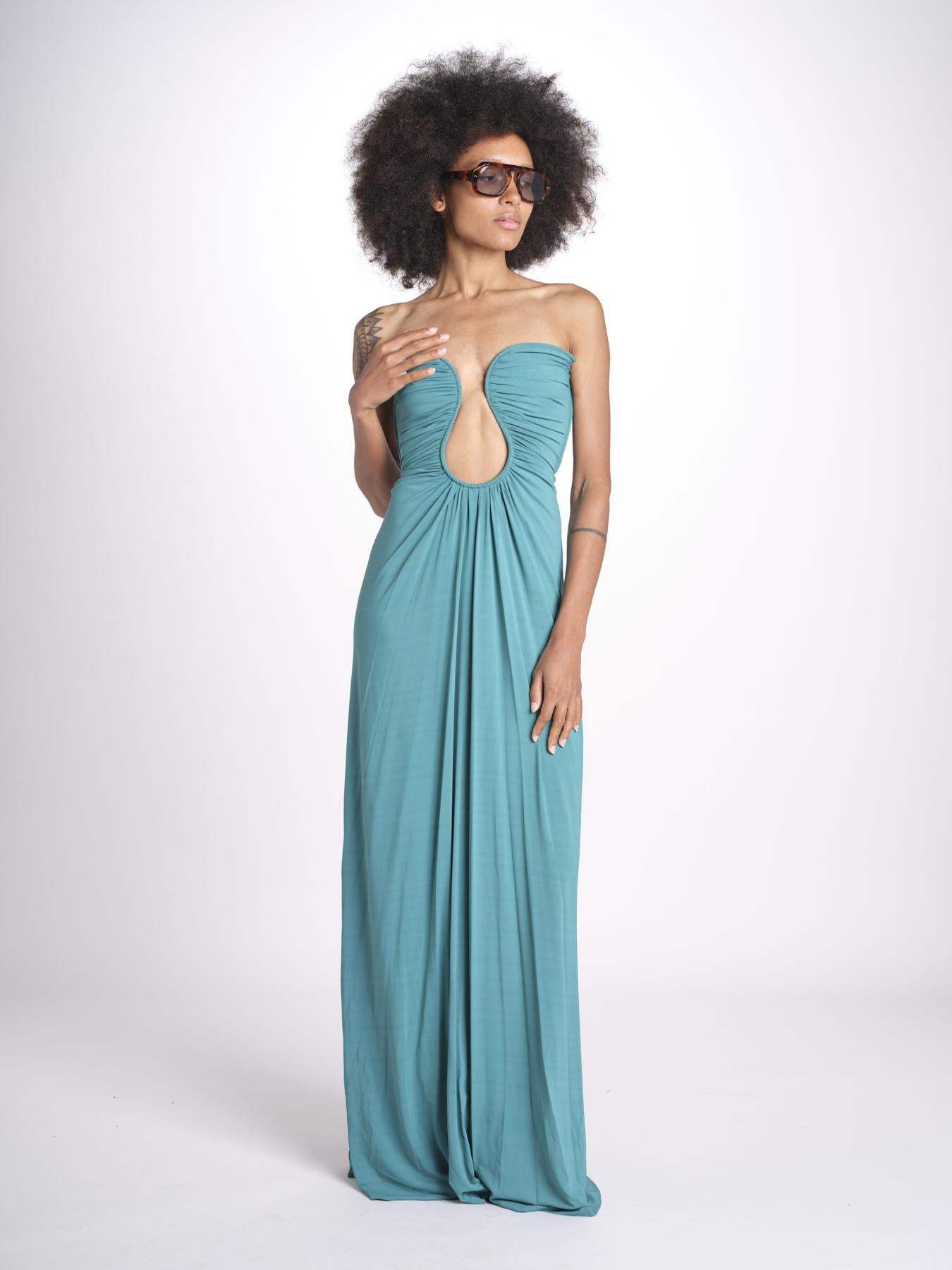 abito lungo con scollo cuore in jersey THE FLORENCE CR339 TEAL BLUE misha 