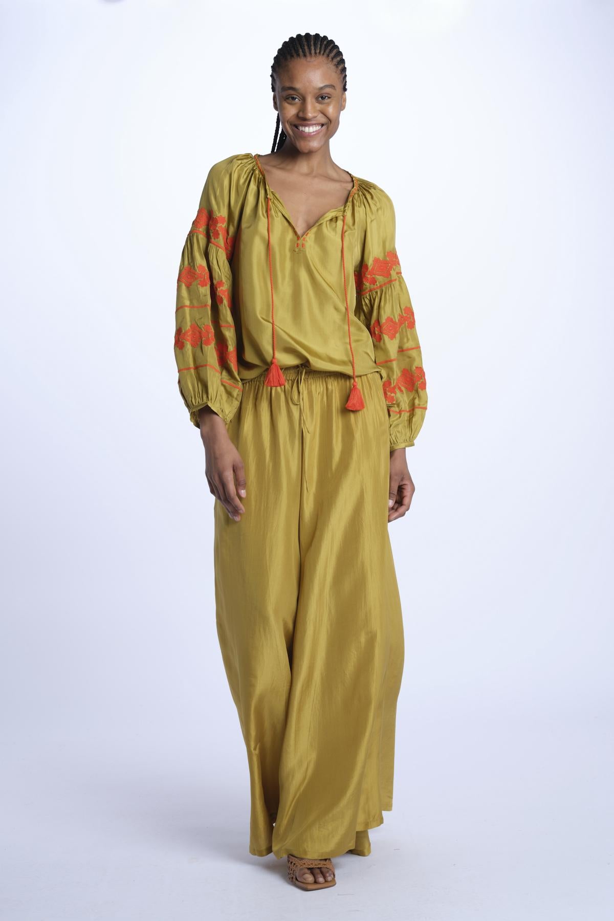 PALAZZO pantaloni in seta  by milaura. BE24252PANT OLIVE benaras soleil 