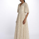 LEILA DOT VNECK abito m/c con paillettes LEILA DOT V-NECK CAPE ANKLE GOWN PARCHMENT needle & tread 
