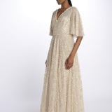 LEILA DOT VNECK abito m/c con paillettes LEILA DOT V-NECK CAPE ANKLE GOWN PARCHMENT needle & tread 