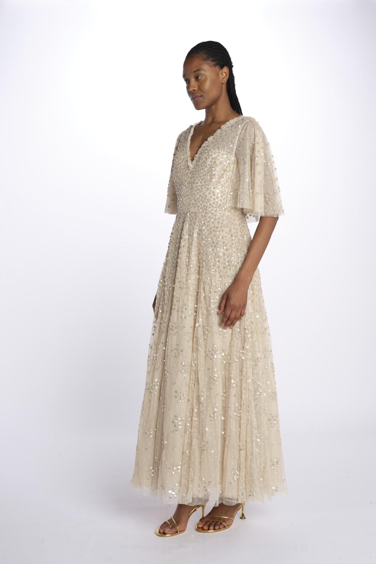 LEILA DOT VNECK abito m/c con paillettes LEILA DOT V-NECK CAPE ANKLE GOWN PARCHMENT needle & tread 
