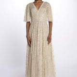 LEILA DOT VNECK abito m/c con paillettes LEILA DOT V-NECK CAPE ANKLE GOWN PARCHMENT needle & tread 