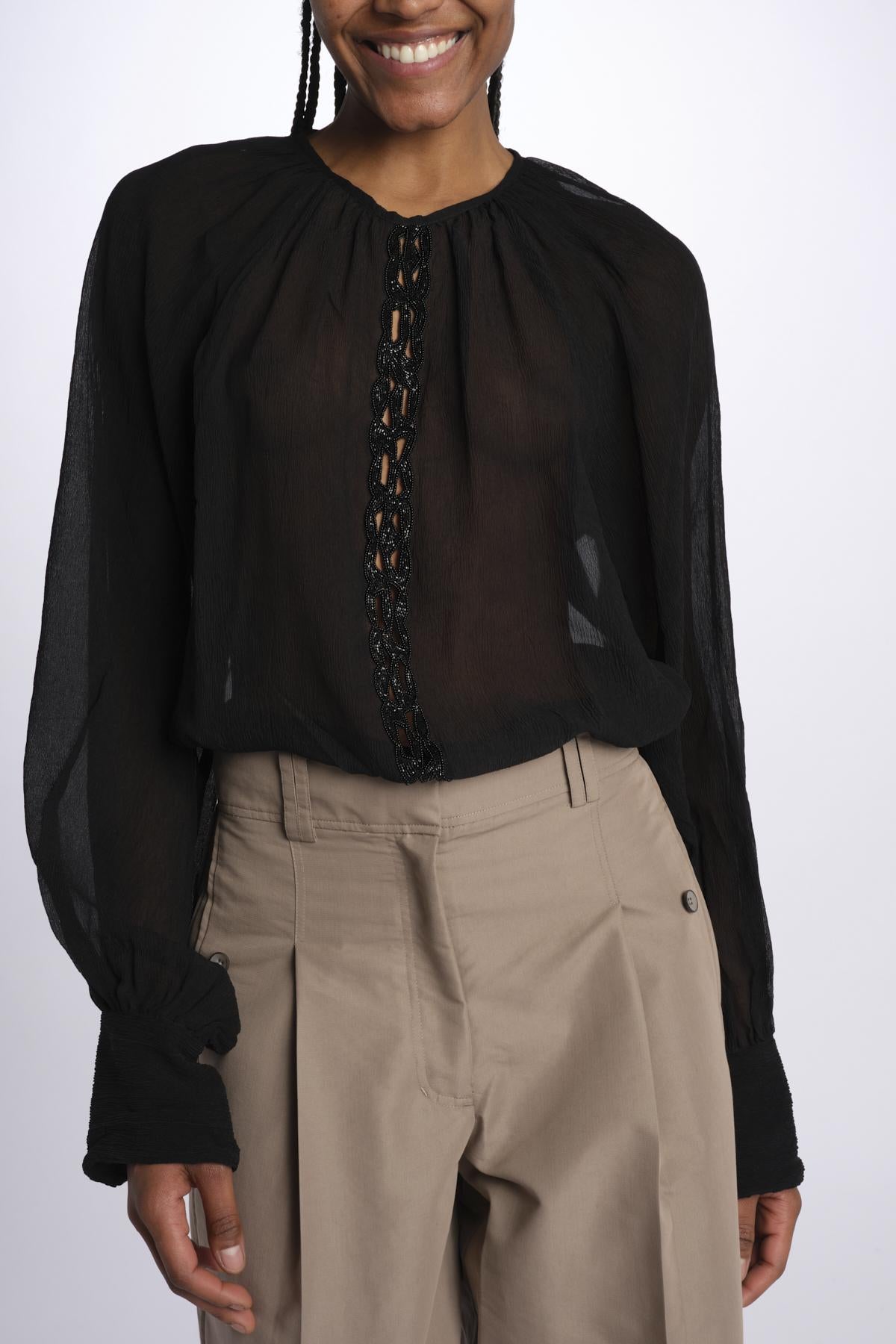 Camicia manica sbuffo ricamo cetrale BE24544 BLACK milaura 