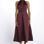 Abito MERLOT MIDI scollato + fiocchi 1970 BURGUNDY rebecca vallance 