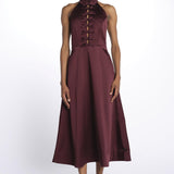Abito MERLOT MIDI scollato + fiocchi 1970 BURGUNDY rebecca vallance 