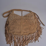 borsa a tracolla con fiori laserati e frange NADINE SUEDE AB07 TABACCO via mail bag 