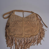 borsa a tracolla con fiori laserati e frange NADINE SUEDE AB07 TABACCO via mail bag 