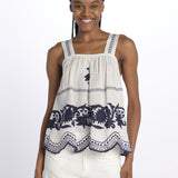 APPLIQUE PAISLEY top spalline larghe con fiori ricamati  by milaura. BE24931 WHITE + NAVY benaras soleil 