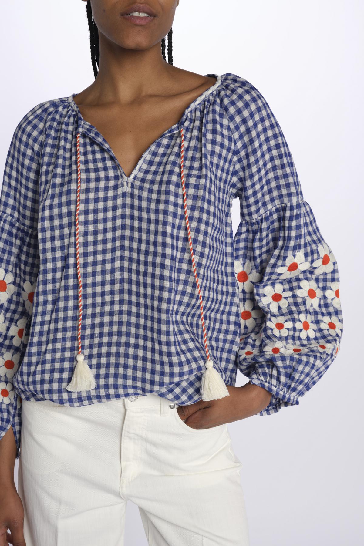 MANDAVILLA  camicia A QUADRI con fiori ricamati sulla manica by milaura. BE24913 BLUE WHITE benaras soleil 