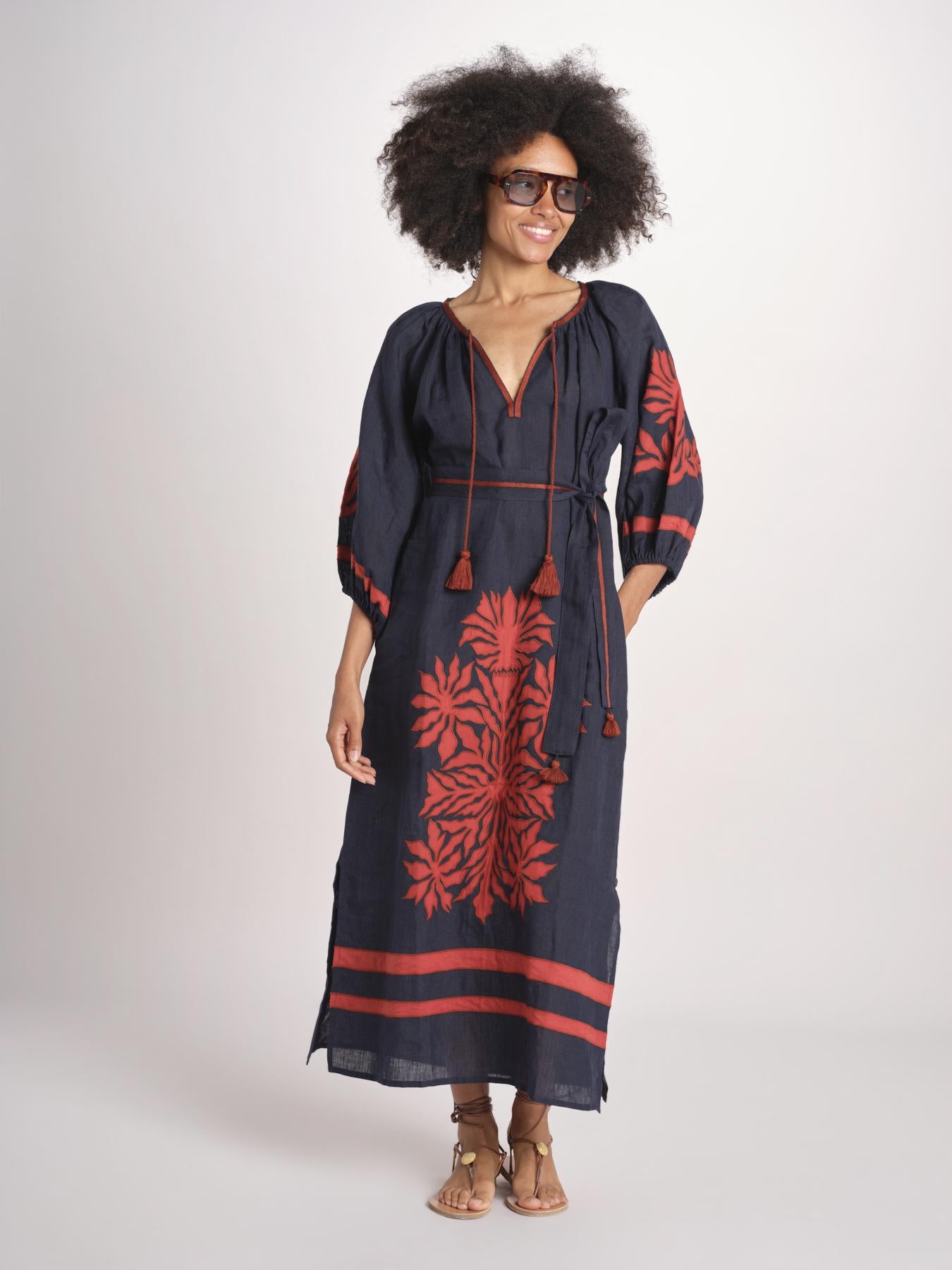 abito con ricamo BE25215 NAVY RUST benaras soleil 