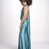 abito lungo in seta con nodo sul retro THE CAMERON DR287 TEAL BLUE misha 