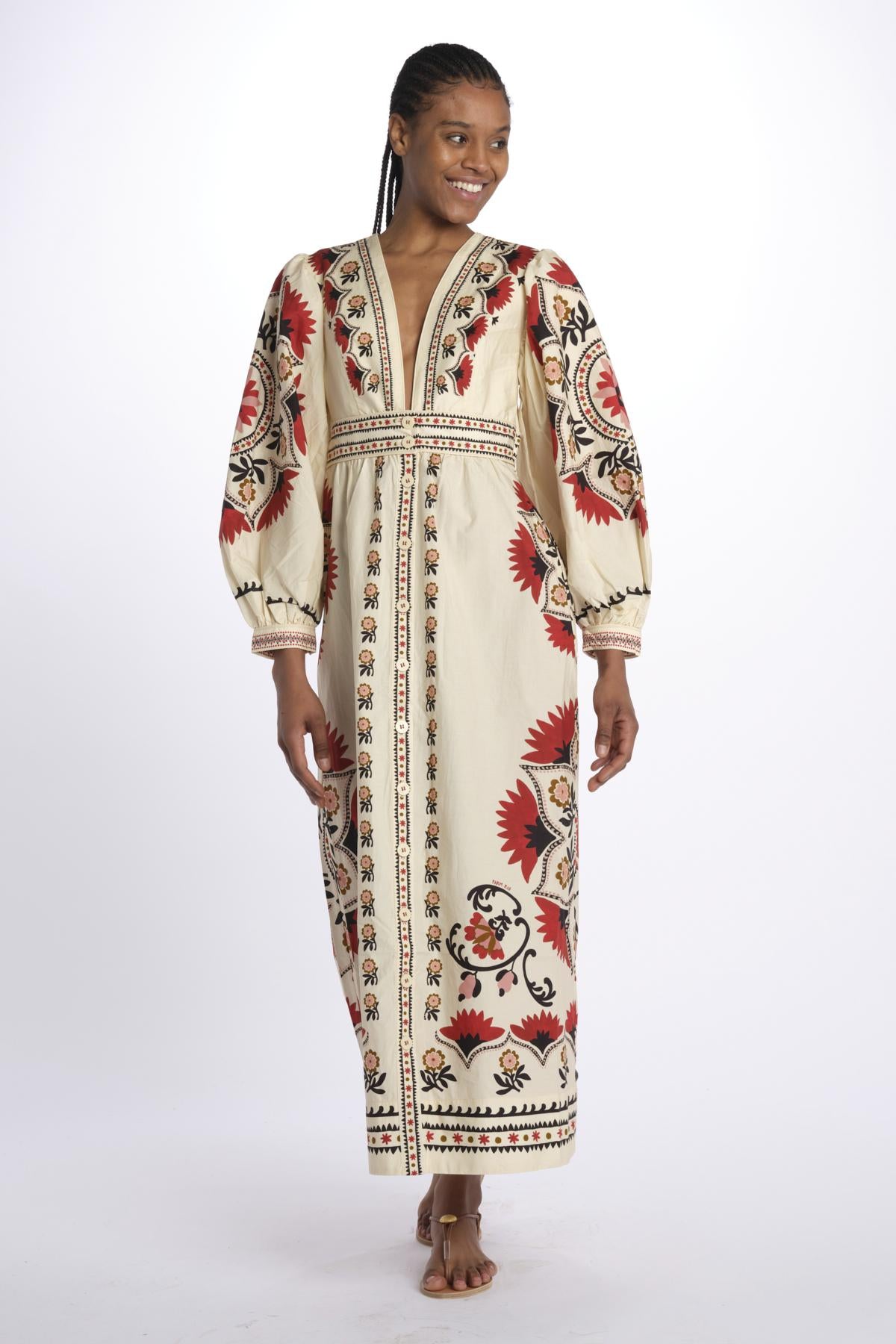 Abito lungo CASHEW MANDALA  stampa fiori 328978 CREAM farm rio 
