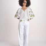 tunica ricamo fiori geometrici BE25308 WHITE LIGHT BLU benaras soleil 