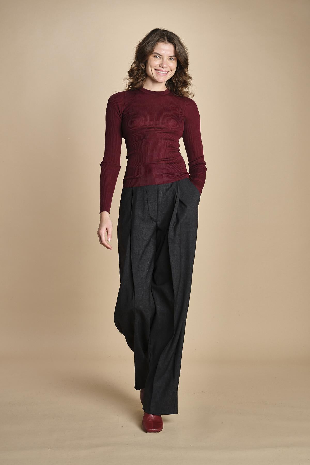 girocollo a costine manica luna in lana merino LAU30 E14015 BORDEAUX milaura 
