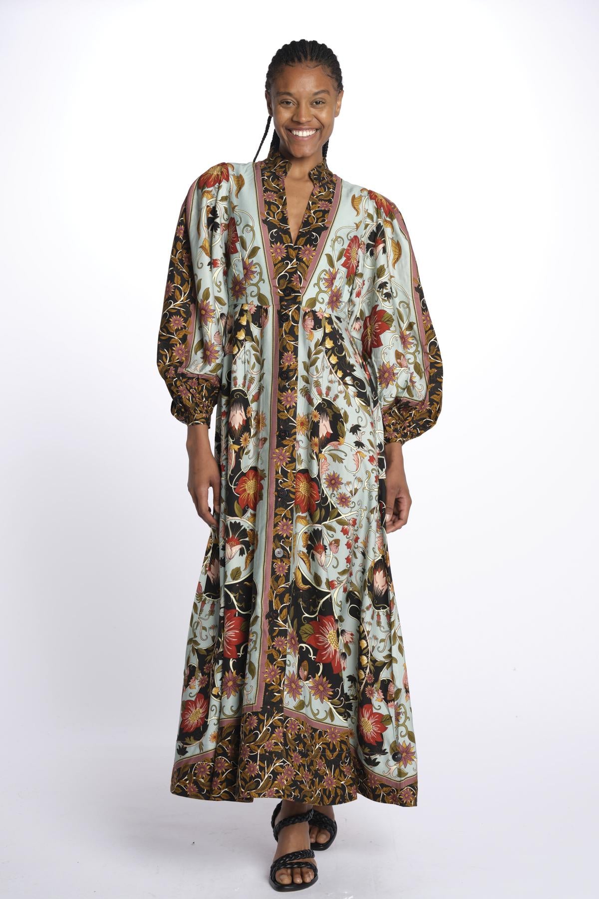 Abito lungo FLOWING twill fiori+bordo 328979 BLUE farm rio 