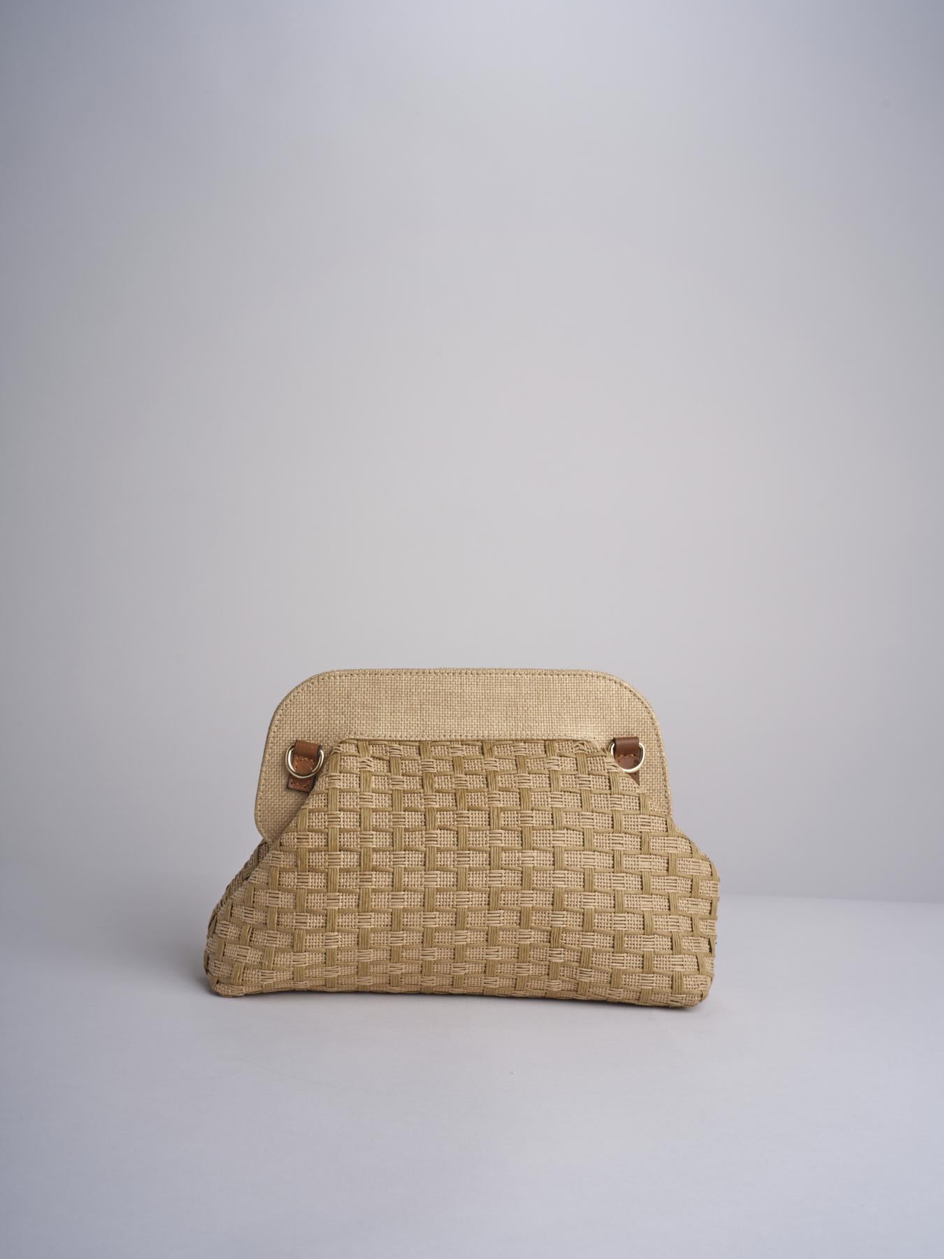 DALIA clutch in paglia e pelle a quadri DALIA RATTAN 101 NATURALE.CASTAGNA via mail bag 