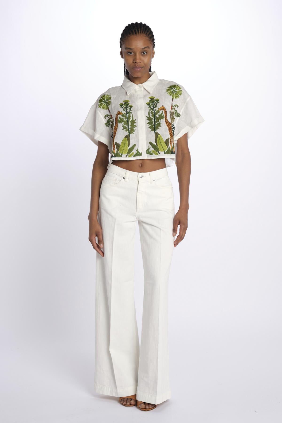 BONDI GIRAFFE camicia crop con giraffe ricamate by milaura. BE24867 WHITE MULTI benaras soleil 
