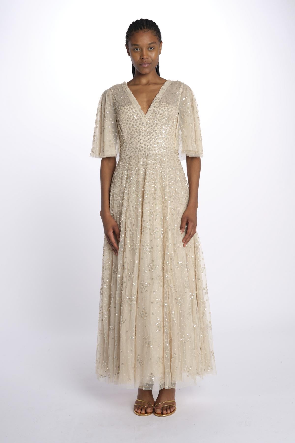 LEILA DOT VNECK abito m/c con paillettes LEILA DOT V-NECK CAPE ANKLE GOWN PARCHMENT needle & tread 