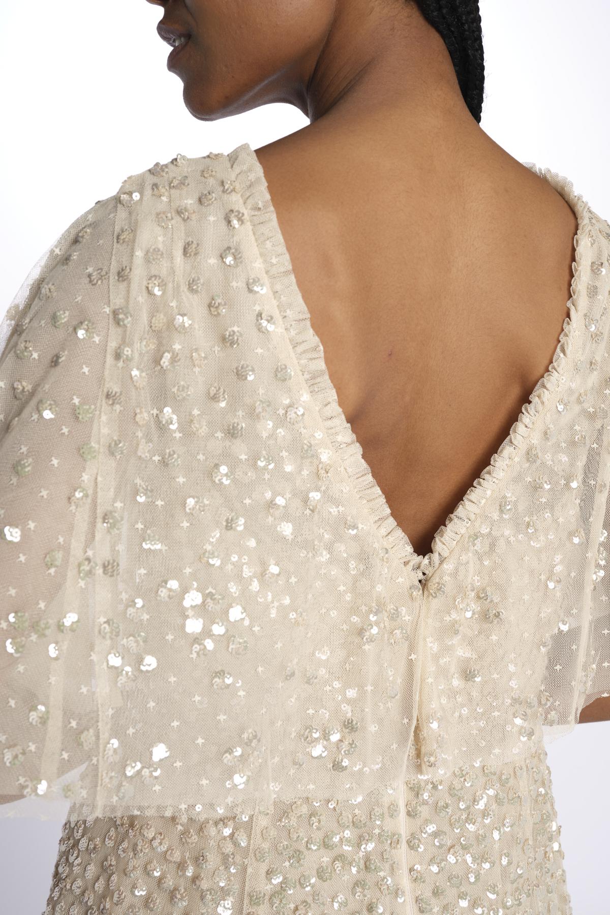 LEILA DOT VNECK abito m/c con paillettes LEILA DOT V-NECK CAPE ANKLE GOWN PARCHMENT needle & tread 